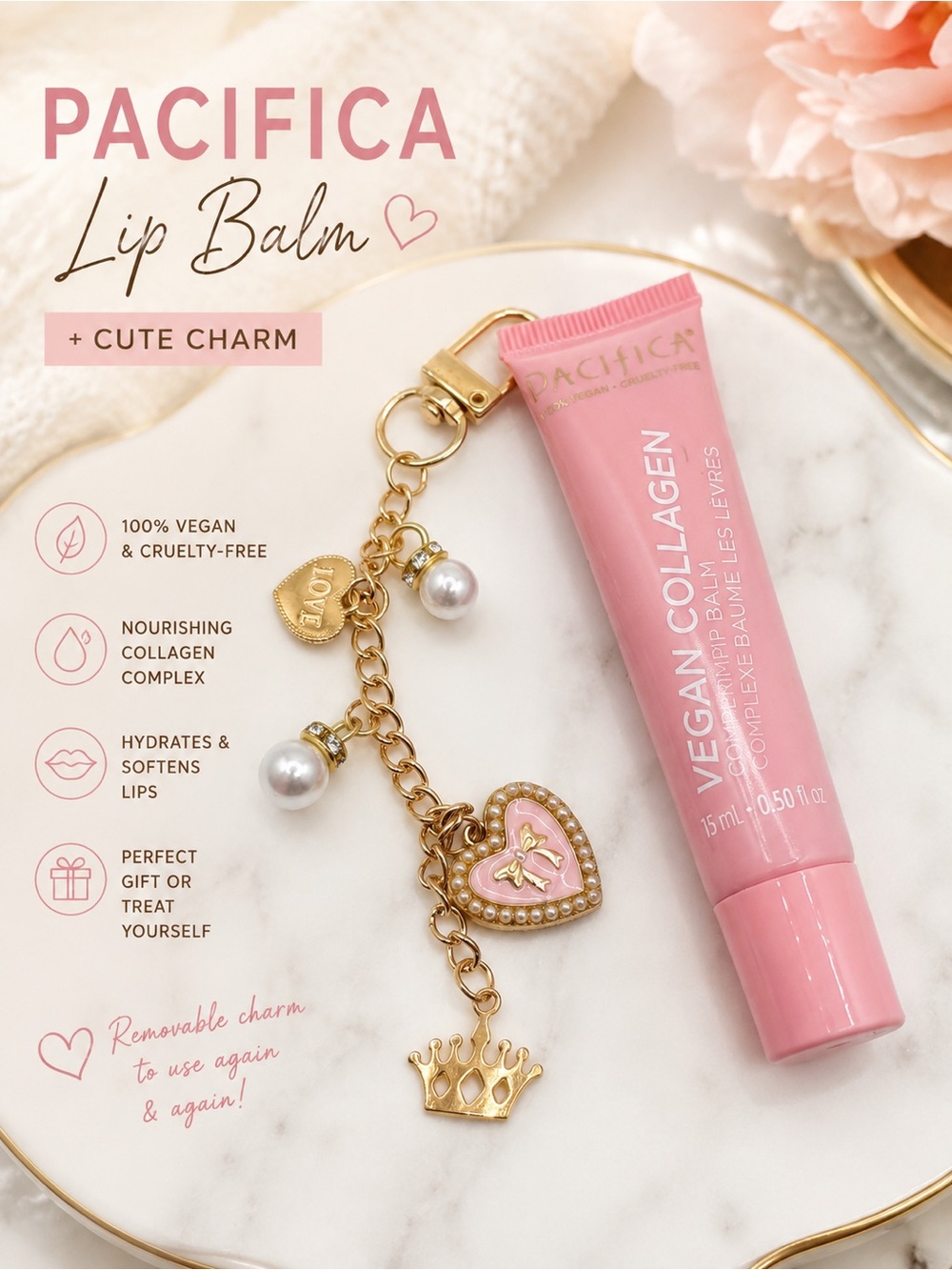 Pacifica Vegan Collagen Lip Balm + Princess Pearl Charm Gift Set